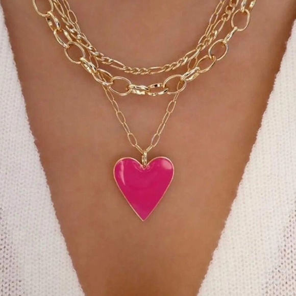 14K Gold Plated Hot Pink Heart Multilayer Statement Necklace - Picture 1 of 1